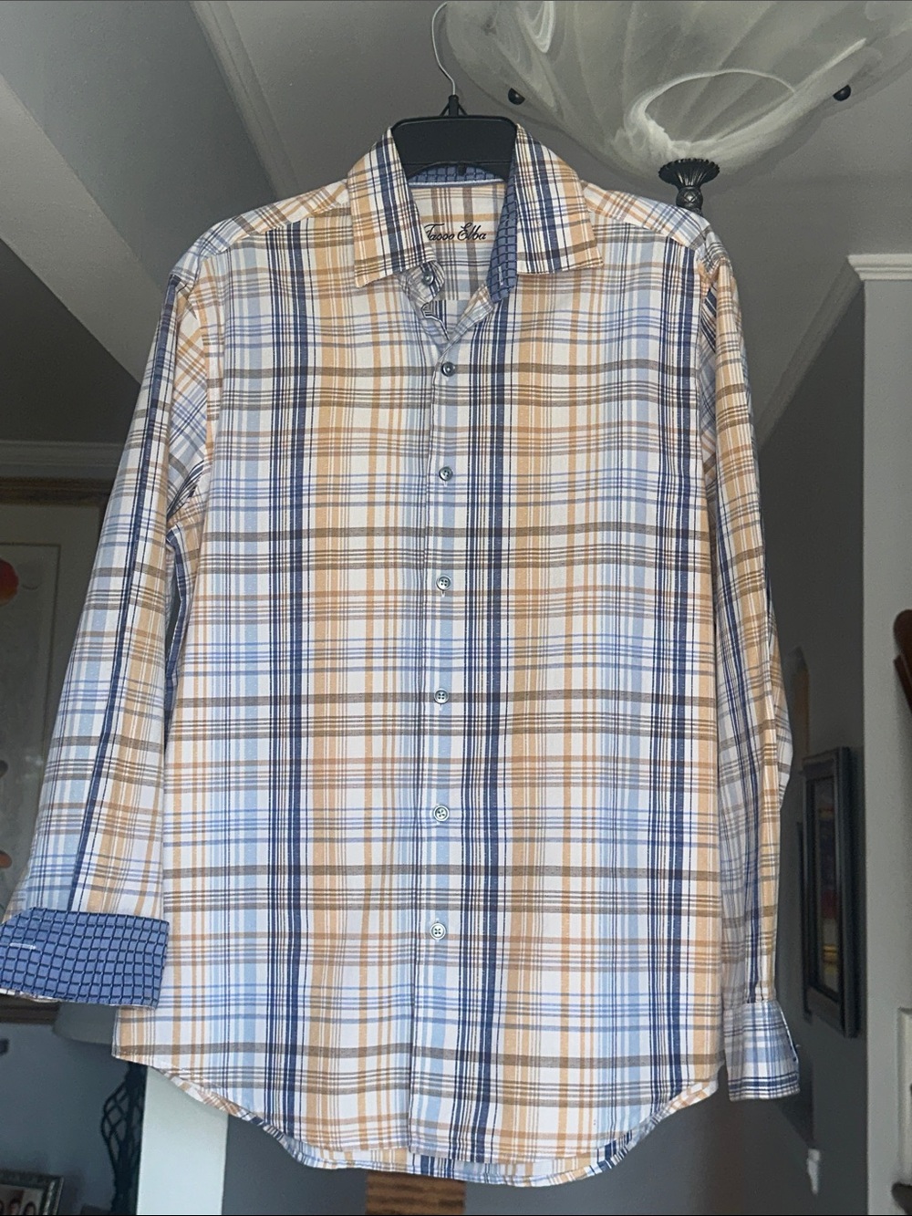 Classic Men's Tasso Elba Plaid Button-Down Shirt - Blue & Tan Sz M